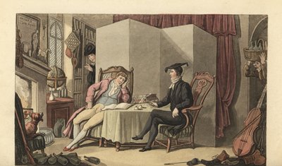 大学の自分の部屋でくつろぐ青年 作： Thomas Rowlandson
