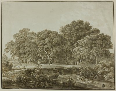 渓流に架かる橋を渡る人影のある風景 作： Thomas Sandby