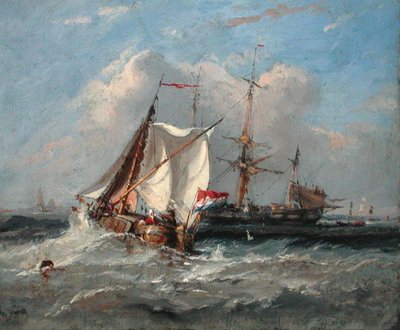 強い風に吹かれたオランダのスモールスチップ（油彩・ボード） 作： Thomas Sewell Robins