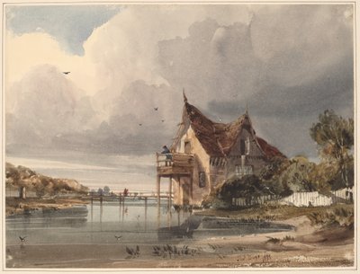 白いパリングのある川とコテージ 作： Thomas Shotter Boys
