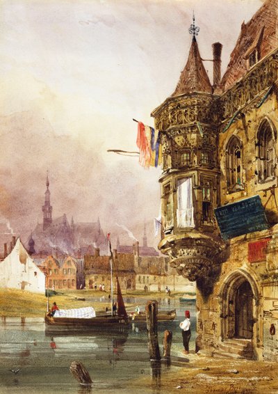 建物の横にある人物、ゲント、1833年にレイ川を越えてバージ 作： Thomas Shotter Boys