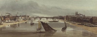 サザーク・ブリッジからのロンドン・ブリッジ（左にモニュメント） 作： Thomas Shotter Boys