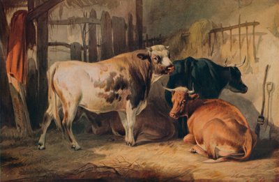 厩舎の雄牛と3頭の牛、c1856 作： Thomas Sidney Cooper