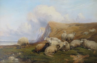 ケント州シェイクスピア・クリフ海岸沿いの牧草地の羊 作： Thomas Sidney Cooper