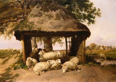 避難所の下で休んでいる羊 作： Thomas Sidney Cooper
