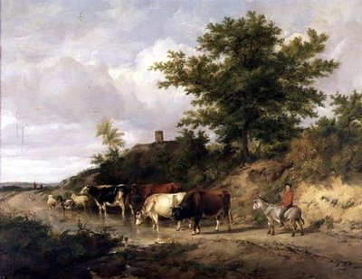 ロバに乗った少年と浅瀬の牛のいる森の風景 作： Thomas Sidney Cooper