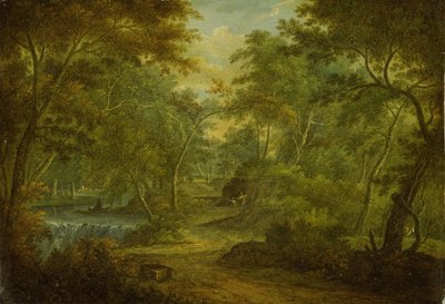 川と漁師のいる樹木が茂った風景（銅に油を塗る） 作： Thomas Smith of Derby