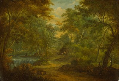 小川と漁師のいる森の風景 作： Thomas Smith of Derby