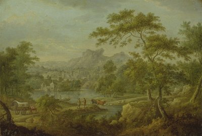 ワゴンと町の遠景のある架空の風景（銅に油を塗った） 作： Thomas Smith of Derby
