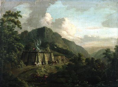 石灰窯で働く労働者と馬のいる森の風景」（油彩・キャンバス 作： Thomas Smith of Derby
