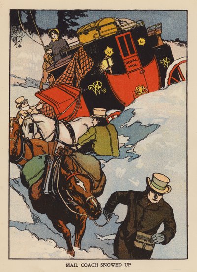 雪が積もったメールコーチ（カラーリトグラフ） 作： Thomas Somerfield
