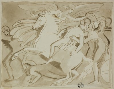 瀕死の兵士の頭に花輪を置く天使 作： Thomas Stothard