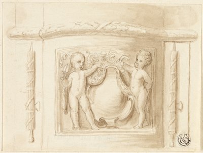 レリーフ付きピラスターのベース、2つのプッチ、シールド付き 作： Thomas Stothard