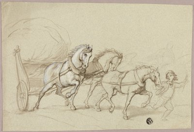 3 頭の馬と荷馬車を率いる子供 作： Thomas Stothard