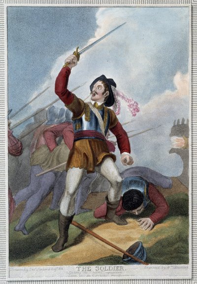 シェイクスピアの「人間の7つの年齢」の中の「兵士」、W.ブロニーリーの絵、ロンドン 作： Thomas Stothard