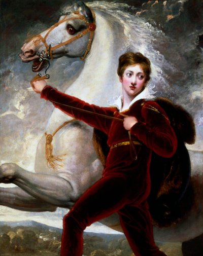 赤いベルベットのスーツの男の子の肖像画 作： Thomas Stothard