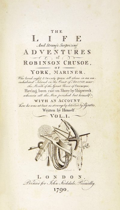 ダニエル・デフォー著『ロビンソン・クルーソーの人生と奇想天外な冒険』のタイトルページ。 作： Thomas Stothard