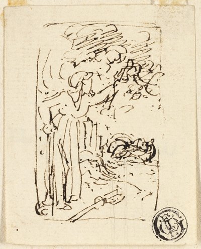 杖にもたれる人物のスケッチ 作： Thomas Stothard