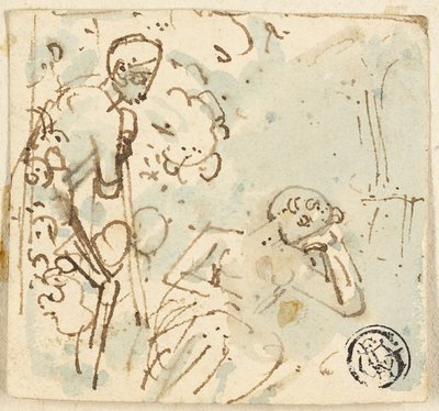 眠っている女性を見て、スタッフにもたれかかる男性のスケッチ 作： Thomas Stothard