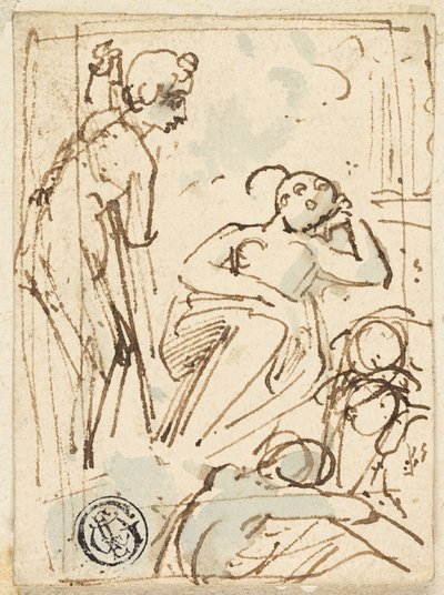 眠っている女性を見て、スタッフにもたれかかる男性のスケッチ 作： Thomas Stothard