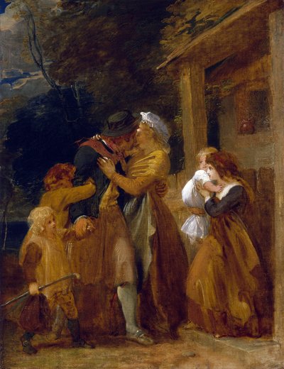 コテージの敷居で家族と再会する船乗りの帰還。キャンバスに油彩 作： Thomas Stothard