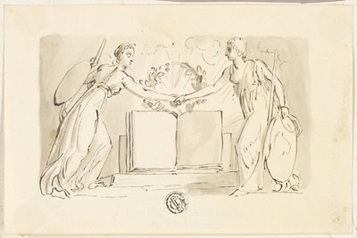 本の前で手を握り締める 2 つの寓意的な女性像 作： Thomas Stothard