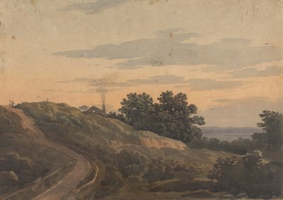 家、小道、人影のある丘陵の風景 作： Thomas Sully