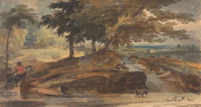 Maisema kumpulla puiden kanssa, hahmo hevosen selässä 作： Thomas Sully