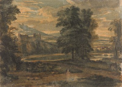 山、城、木々、湖のある風景 作： Thomas Sully