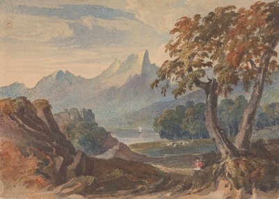 山のある風景、湖の城、前景の座像 作： Thomas Sully