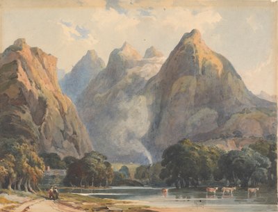 小川、牛、フィギュアのある山のシーン 作： Thomas Sully