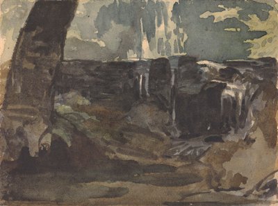 岩が多い風景、フォア グラウンドで大きな木の幹 作： Thomas Sully