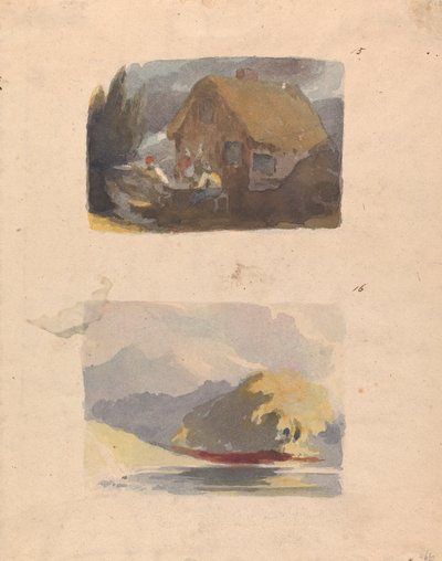 1 枚のシートに 2 つの図面: 前面に人物がいるコテージ (no. 15); 川と山のある風景 - 日光 (no. 16) 作： Thomas Sully