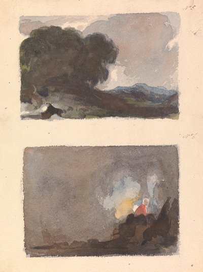 Dois desenhos em uma folha: Paisagem com árvore em primeiro plano e montanhas ao longe - Princípio de Hobbema e Ruysdael (nº 5); Figura em cena interior - Princípio de Teniers e Ostade (nº 6) 作： Thomas Sully