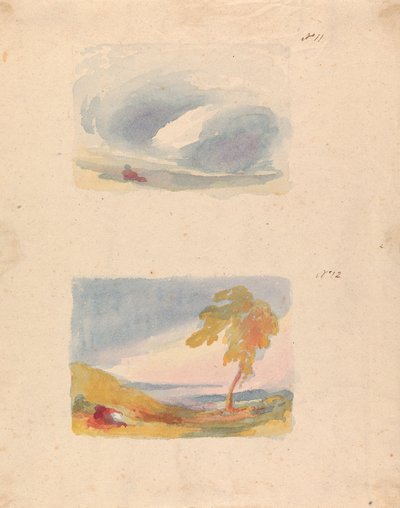 1 枚のシートに 2 つの図面: スカイ スタディ - ターナーの原理 (no. 11); 丘と木のある風景 (no. 12) 作： Thomas Sully
