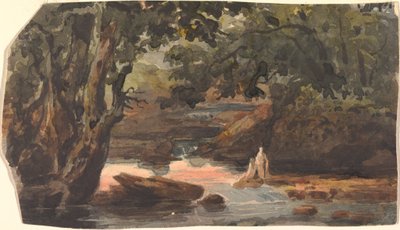 大きな木々に囲まれた小川に佇む二人の人物 作： Thomas Sully