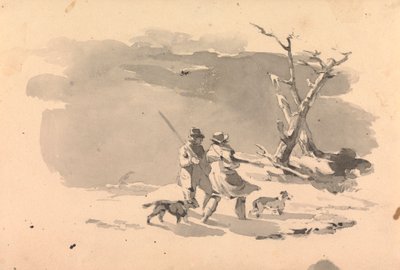 冬景色の 2 人のハンターと 2 匹の犬 作： Thomas Sully