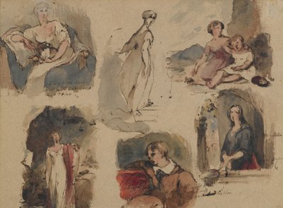 [無題]（6つの図の研究）、c.1830s（ベージュの鉄の胆汁インクとトイレ、中程度の厚さの適度にテクスチャのあるアンティークのレイド紙）（直腸） 作： Thomas Sully