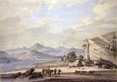 Ulverston Sands and the Distance in Coniston Fells（鉛筆、ペン＆インク、水彩、紙） 作： Thomas Sunderland