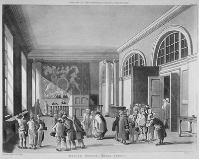 物品税局の内部、オールド ブロード ストリート、ロンドン市、1810 年 作： Thomas Sutherland