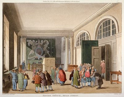 物品税局の内部、オールド ブロード ストリート、ロンドン市、1810 年 作： Thomas Sutherland