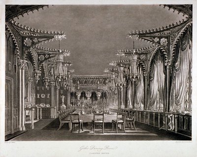 カールトン ハウス、ウェストミンスター、ロンドン、1819 年のゴシック様式のダイニング ルームの内部ビュー 作： Thomas Sutherland