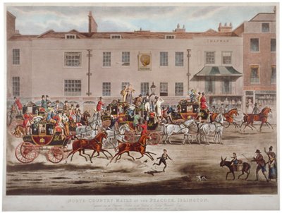 1823 年、ロンドン、イズリントン ハイ ストリートのピーコック インの前に停車する郵便馬車。 作： Thomas Sutherland