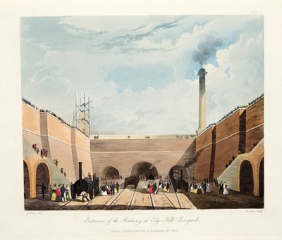 1831年、リバプール、エッジヒルの鉄道の入り口（手書きの彫刻） 作： Thomas Talbot Bury