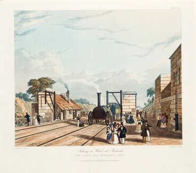 「パークサイドで水を飲む」、リバプール・アンド・マンチェスター鉄道、1833 年。 作： Thomas Talbot Bury