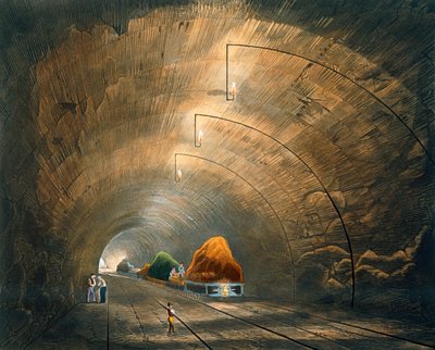 H. Pyallによって彫刻された「リバプールとマンチェスター鉄道の色の付いたビュー」からのトンネル、アッカーマンウント社、ロンドン、1833年発行 作： Thomas Talbot Bury