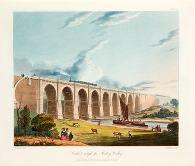 1831 年 2 月、チェシャー州ウォリントンのサンキー バレーを横断する高架橋。 作： Thomas Talbot Bury