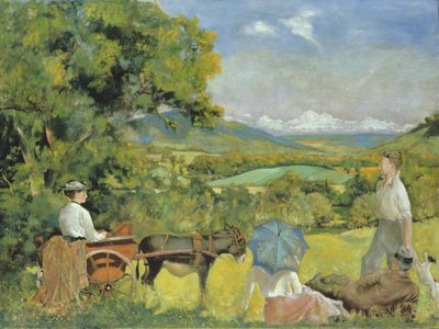 ロバの荷車に乗った女性のいる風景 作： Thomas Tennant Baxter