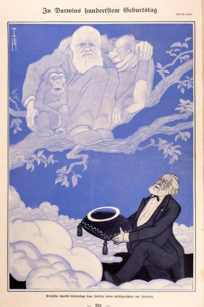 1909年の似顔絵、ダーウィン、サル、ヘッケル 作： Thomas Theodor Heine
