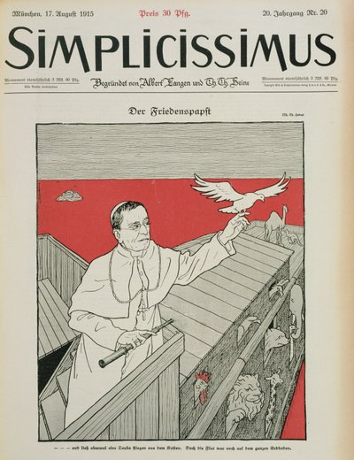 The Peaceful Pope、ドイツの雑誌「Simplicissimus」、パブの表紙。 1915年（石版） 作： Thomas Theodor Heine
